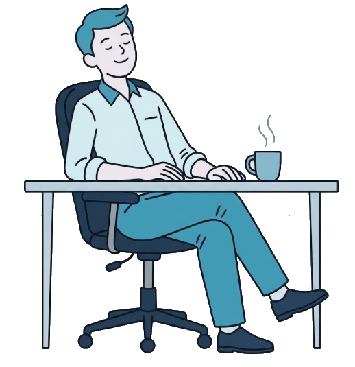Julio relajado en su escritorio con un café